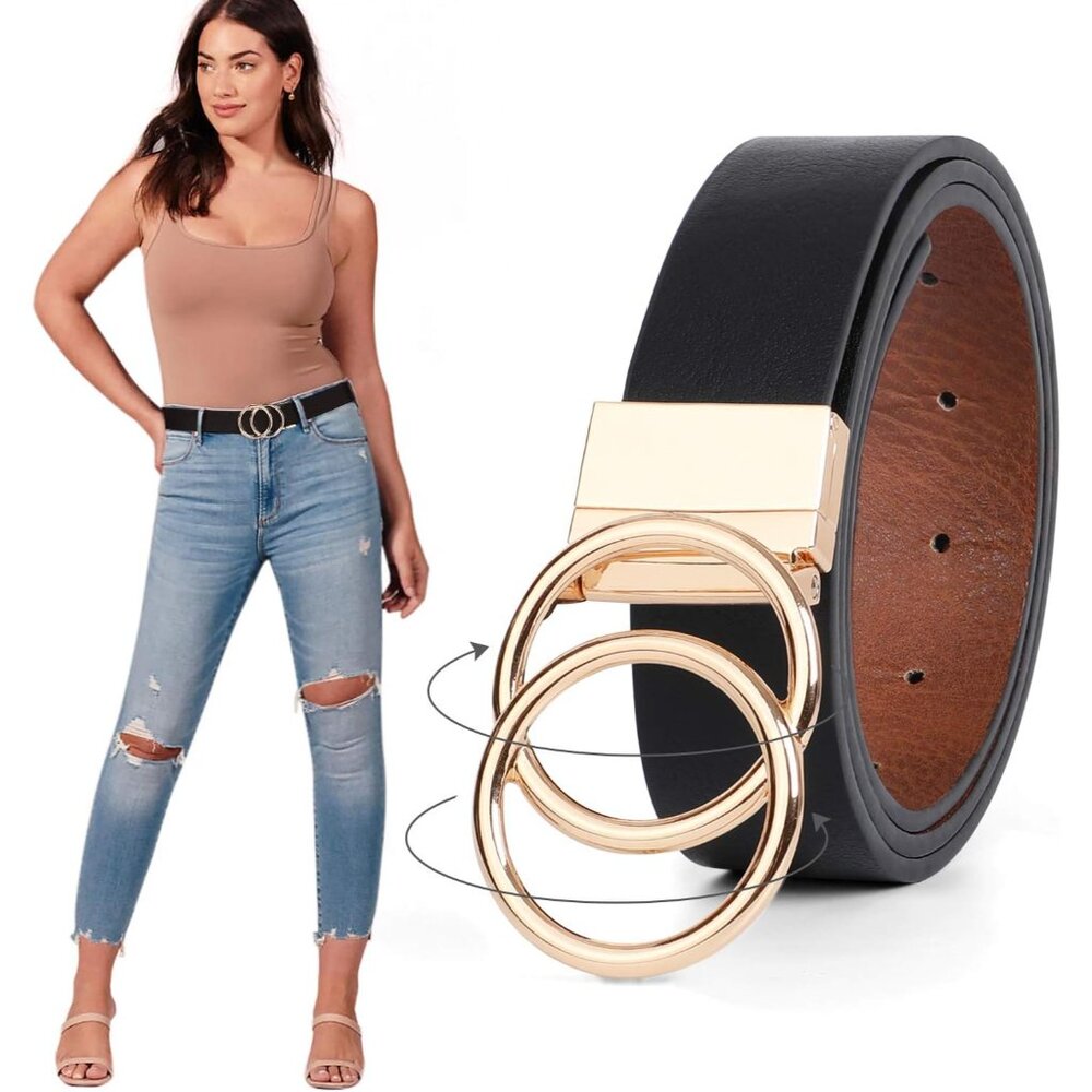 Women Leather Belt,Reversible Belt,Leather Waist Belt for Jeans Dress with Gold